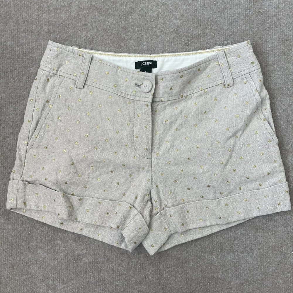 J Crew Shorts Womens 0 Beige 100% Linen Gold Glitter Polka Dots Cuffed City Fit